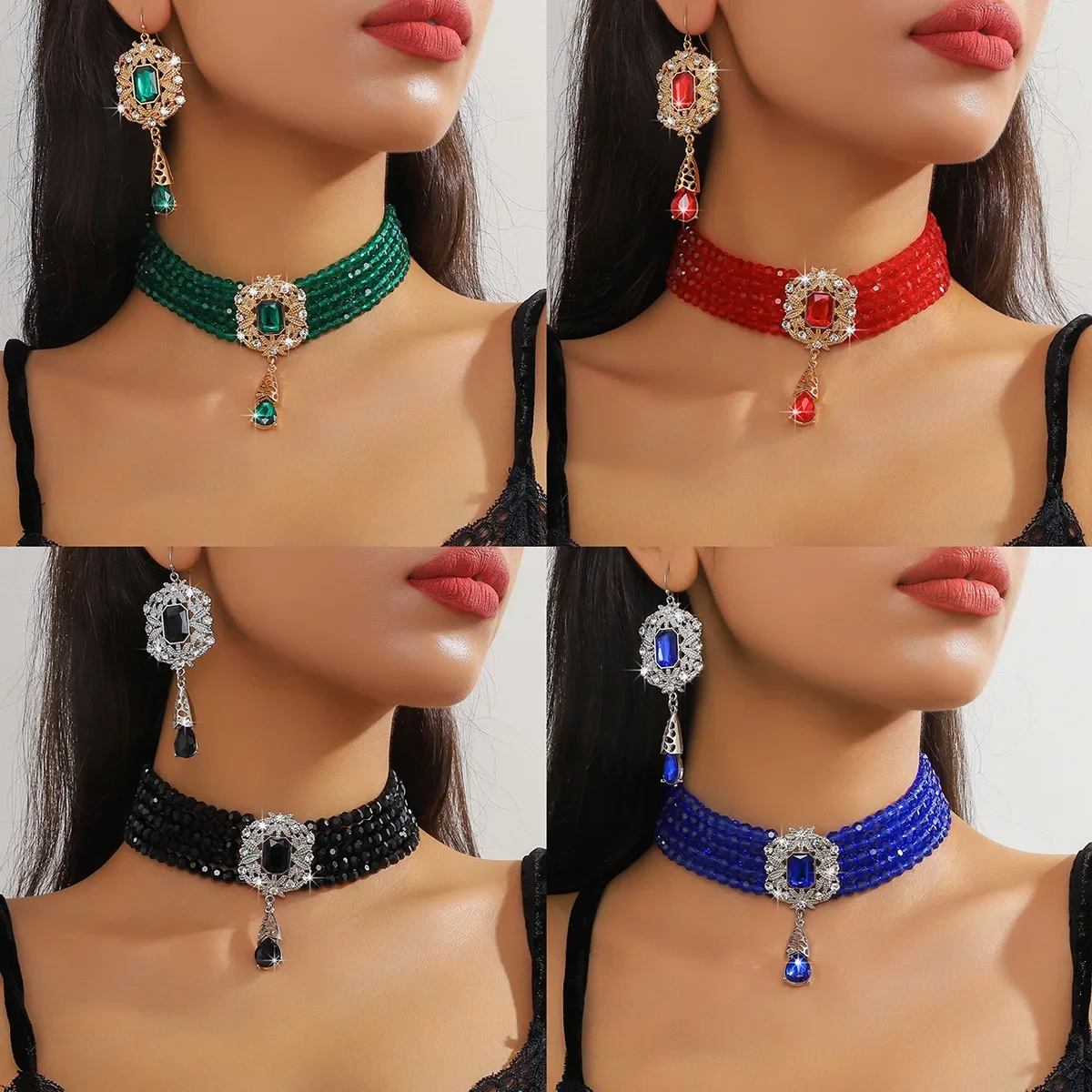 FYUAN Multilayer Green Red Blue Black Crystal Necklace Geometric Hollow Alloy Earrings For Women Weddings Banquet Jewelry Sets