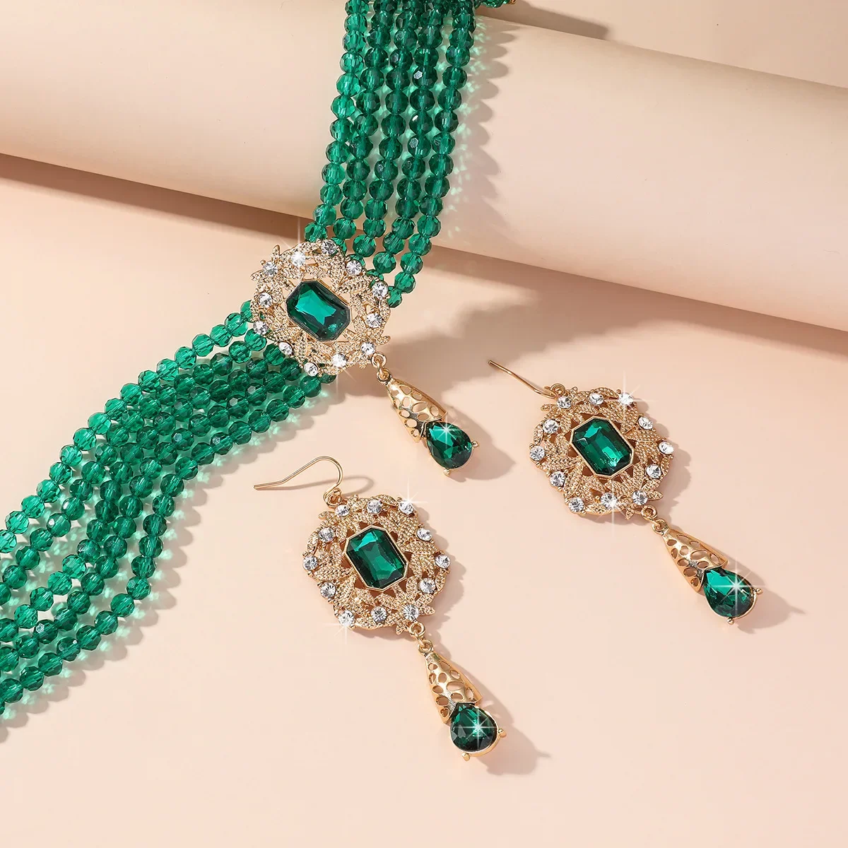 FYUAN Multilayer Green Red Blue Black Crystal Necklace Geometric Hollow Alloy Earrings For Women Weddings Banquet Jewelry Sets