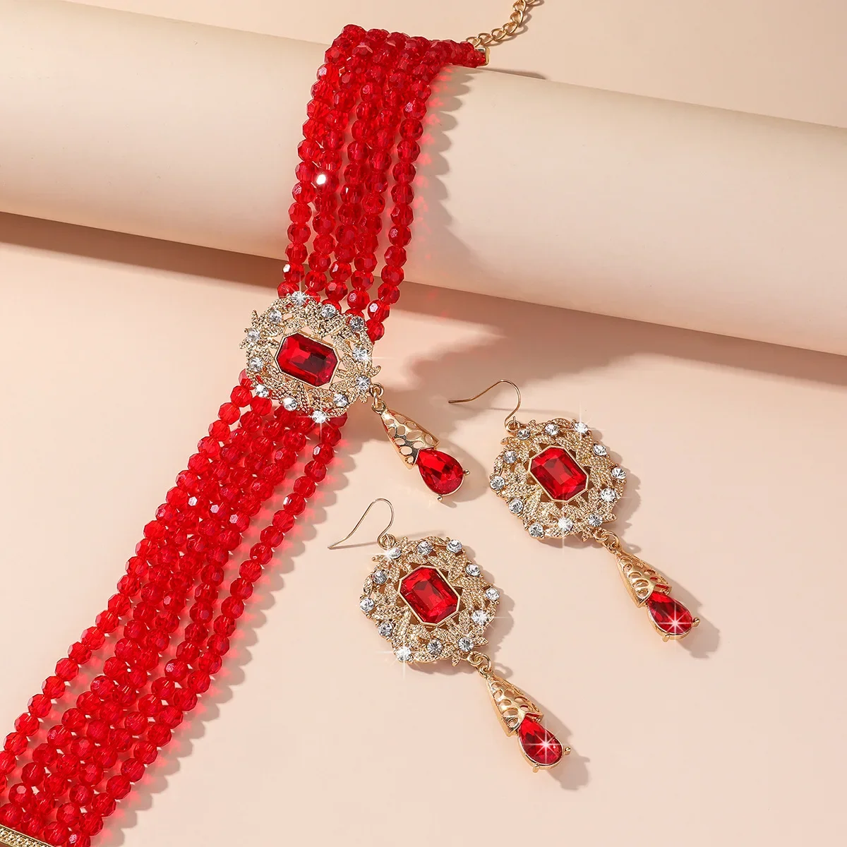FYUAN Multilayer Green Red Blue Black Crystal Necklace Geometric Hollow Alloy Earrings For Women Weddings Banquet Jewelry Sets
