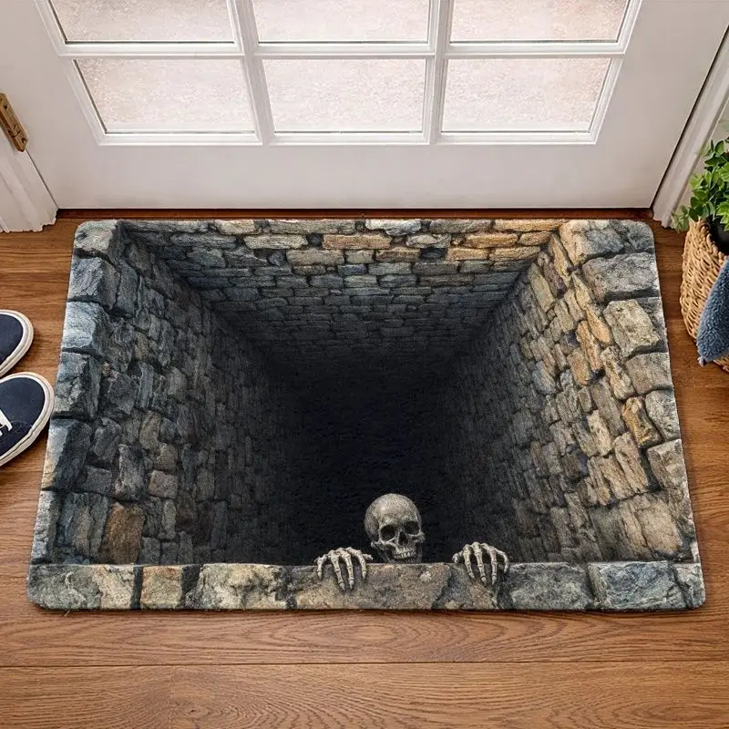 VIKAMA Halloween Trick Skeleton Stone Pit 3D Optical Illusion Flat Entry Mat Non Slip Absorbent Rug Party Bedroom Holiday Decor