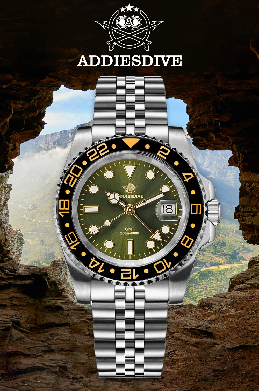 ADDIESDIVE AD2050 Men's GMT Watch Swiss Ronda 515-24 BGW9 Super Luminous 20Bar Waterproof Reloj Quartz Watches