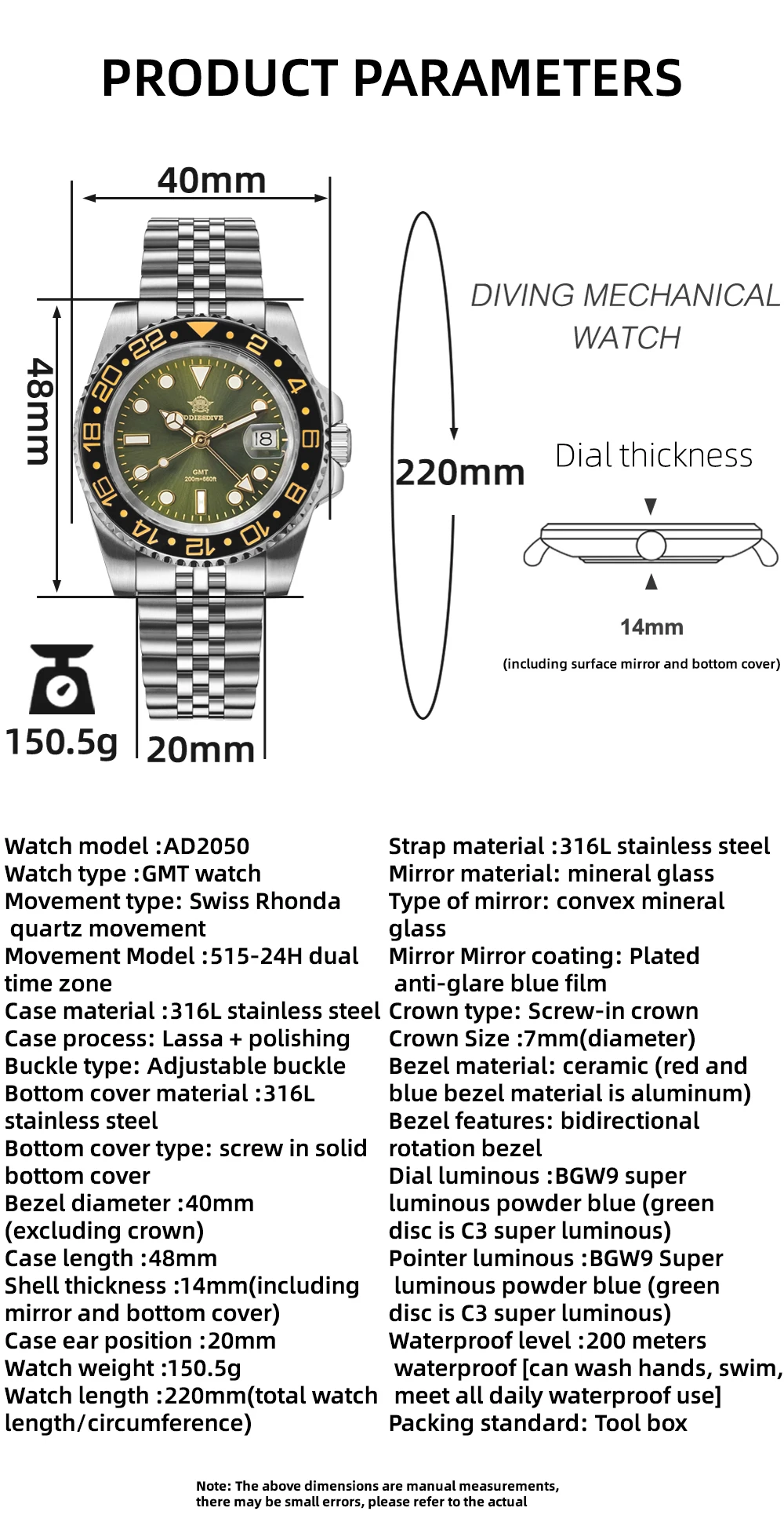 ADDIESDIVE AD2050 Men's GMT Watch Swiss Ronda 515-24 BGW9 Super Luminous 20Bar Waterproof Reloj Quartz Watches