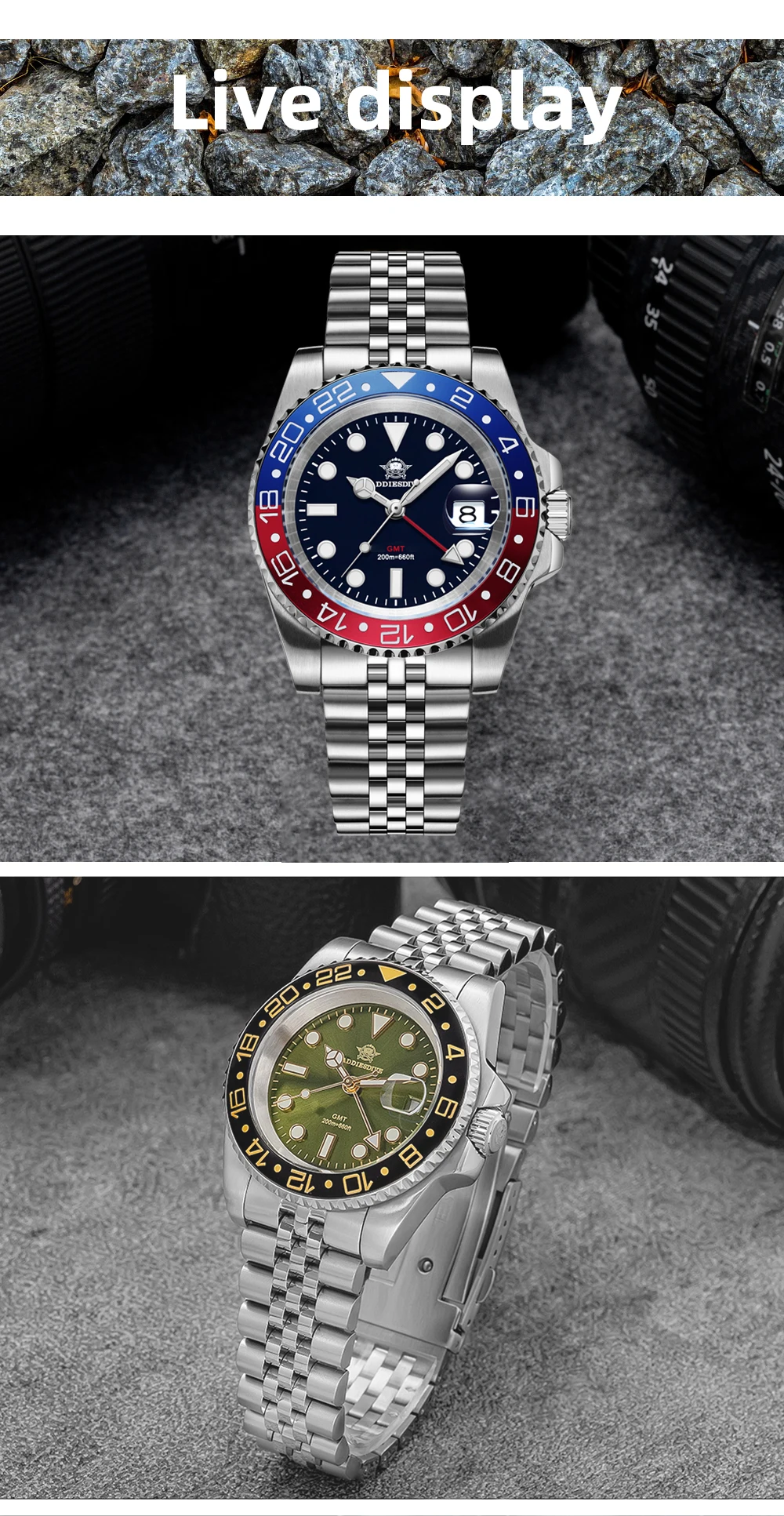 ADDIESDIVE AD2050 Men's GMT Watch Swiss Ronda 515-24 BGW9 Super Luminous 20Bar Waterproof Reloj Quartz Watches
