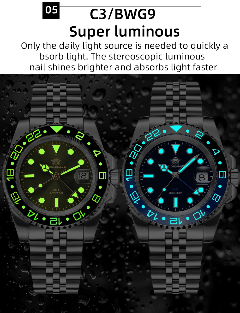 ADDIESDIVE AD2050 Men's GMT Watch Swiss Ronda 515-24 BGW9 Super Luminous 20Bar Waterproof Reloj Quartz Watches