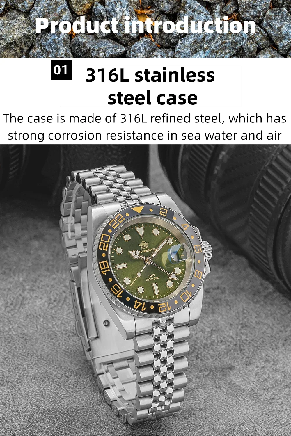 ADDIESDIVE AD2050 Men's GMT Watch Swiss Ronda 515-24 BGW9 Super Luminous 20Bar Waterproof Reloj Quartz Watches