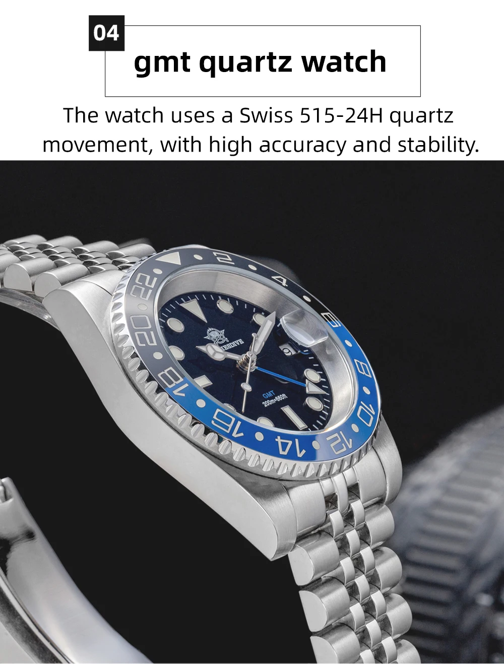 ADDIESDIVE AD2050 Men's GMT Watch Swiss Ronda 515-24 BGW9 Super Luminous 20Bar Waterproof Reloj Quartz Watches
