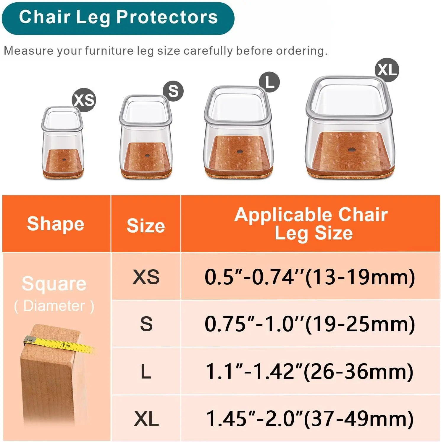 24pcs Square Chair Leg Floor Protectors, Furniture Pads for Hardwood Floors, Furniture Sliders for Chair Legs, Silicone Leg Caps