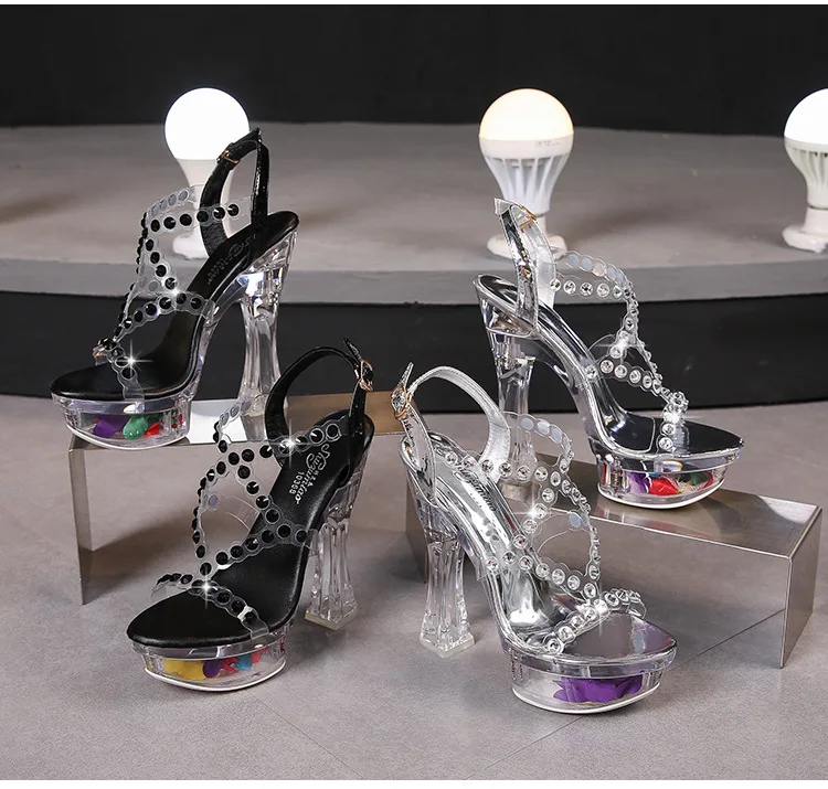 Transparent Women Shoes Crystal Chunk Heeled 14CM High Heels 4CM Waterproof Platform Bling Wedding Sandals Summer Sequin Shoes