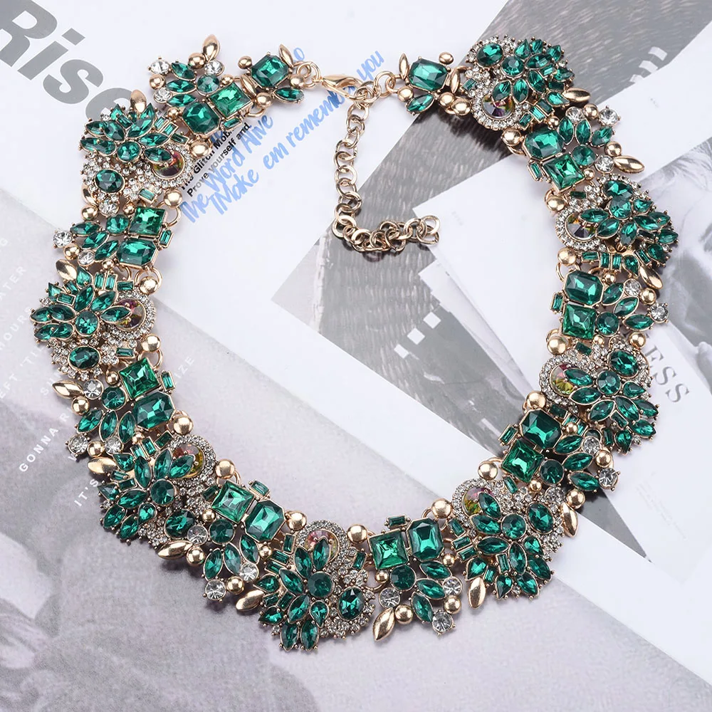 2026 New Fashion Green Crystal Rhinestone Large Collar Big Choker Necklace Women Statement Indian Necklace Wedding Jewelry