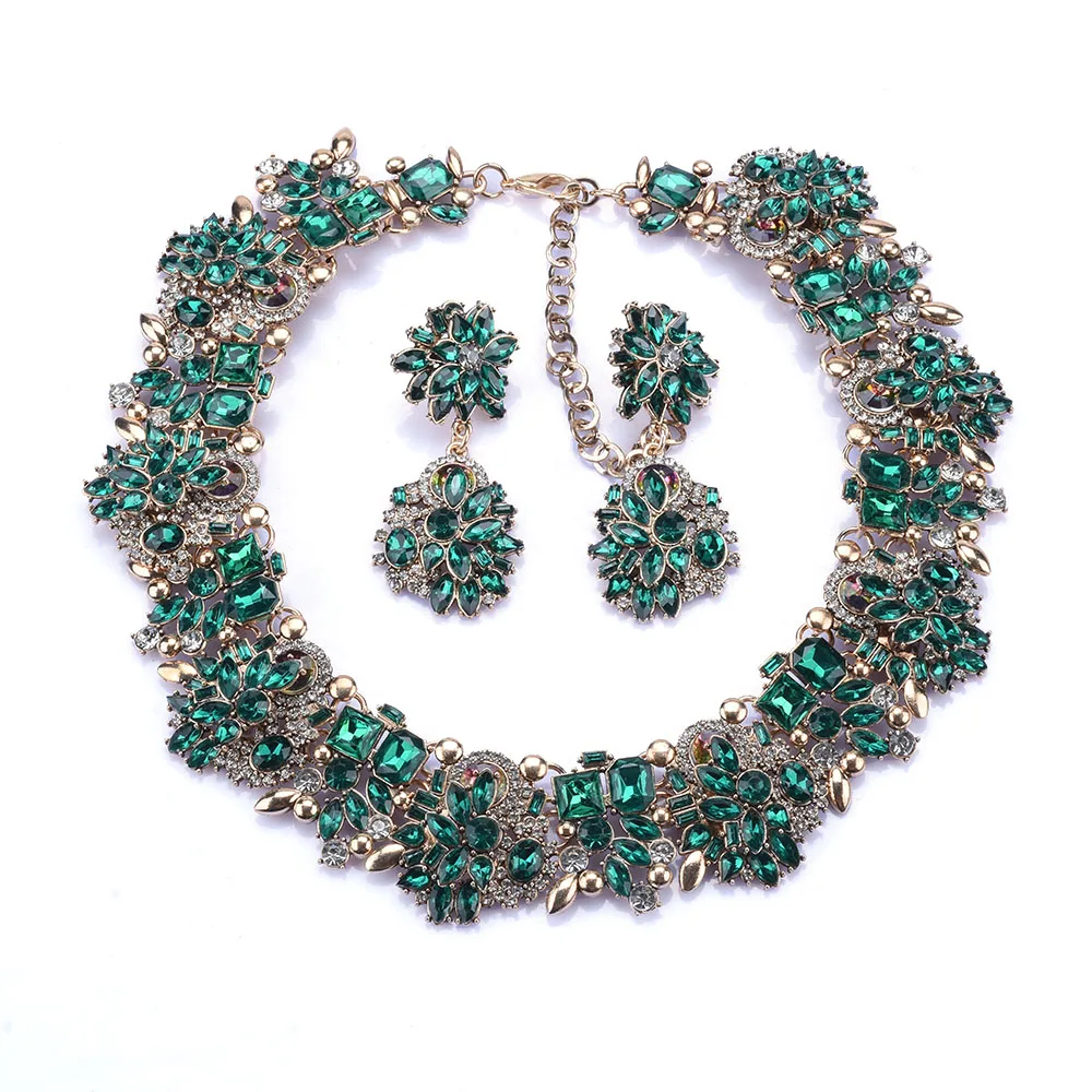 2026 New Fashion Green Crystal Rhinestone Large Collar Big Choker Necklace Women Statement Indian Necklace Wedding Jewelry