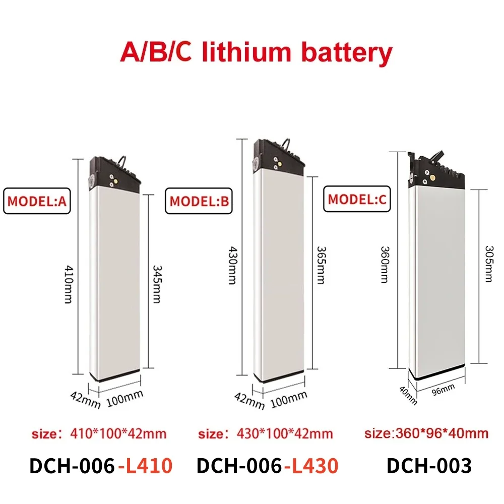 48V 17Ah 14Ah 12.8Ah 10.4Ah 36V 10Ah 12Ah 15Ah 52V 12.5Ah 15Ah 17.5Ah DCH-003 DCH-006 DCH-009 250W~1000W Motor Battery