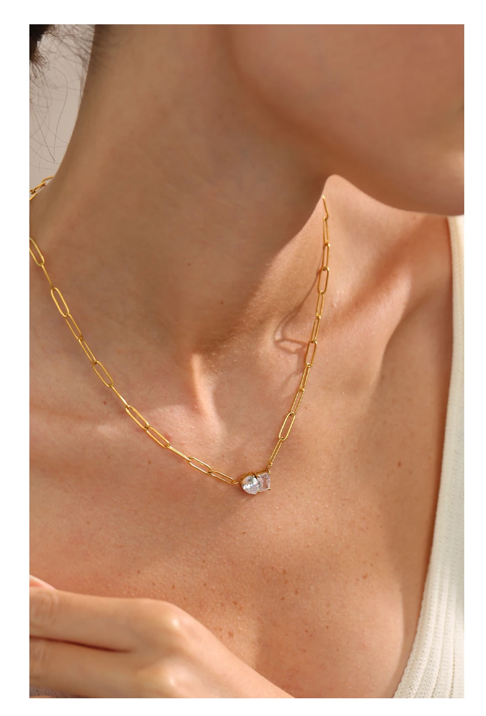 Yhpup Premium AAA Cubic Zirconia Pendant Necklace Gold Color Chain Stainless Steel Geometric High Quality Jewelry for Women