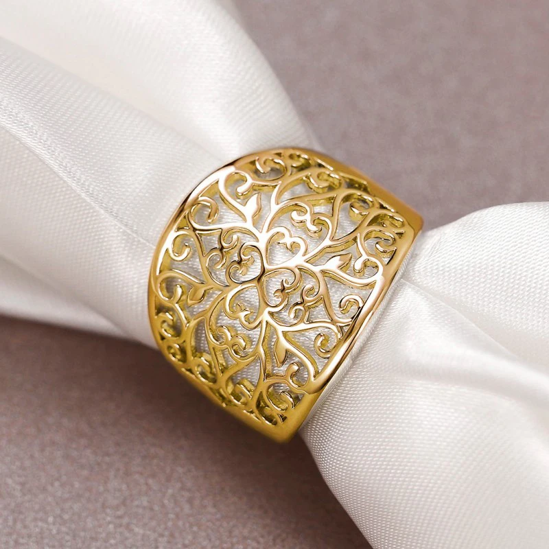Huitan Hollow Out Aesthetic Ring for Women Gold Color/Silver Color Simple Stylish Lady Accessories Party Daily Statement Jewelry