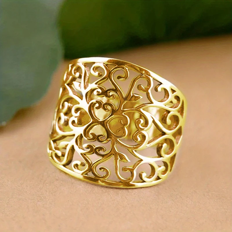 Huitan Hollow Out Aesthetic Ring for Women Gold Color/Silver Color Simple Stylish Lady Accessories Party Daily Statement Jewelry