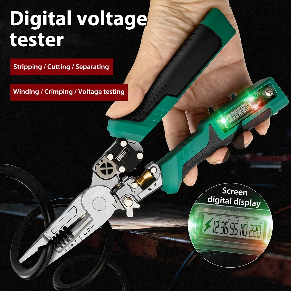 Wire Stripping Pliers with Digital Display Multifunctional Voltage Tester Electrician Pliers for Cables Cutting/Peeling/Crimping
