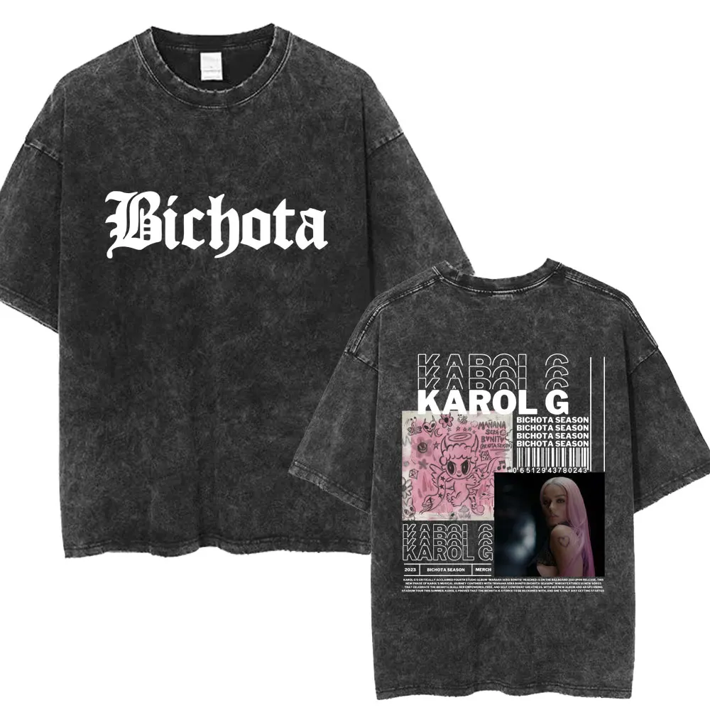 Hot Karol G Bichota Music Album Washed T Shirt Hip Hop Fashion Men Women Cotton Retro Short Sleeve Loose Summer Tees Streetwear