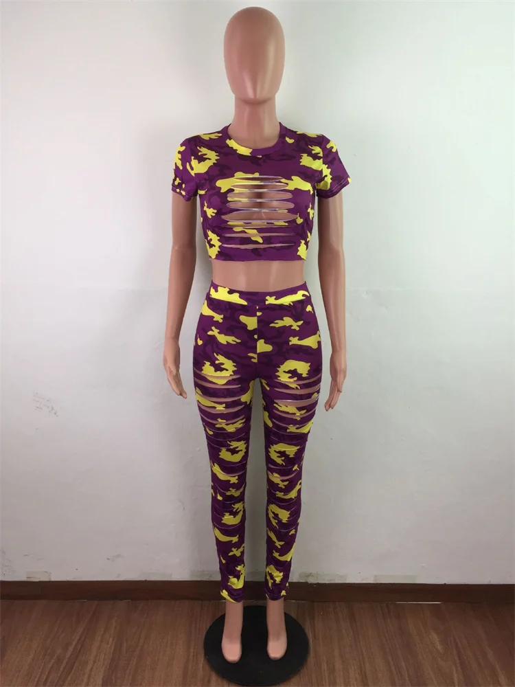 Wmstar Women Two Piece Set Summer Sexy Sport Fashion Casual Ripped Sweatshirt Sweat Camouflage Print Pant Sets Outfit Tracksuit