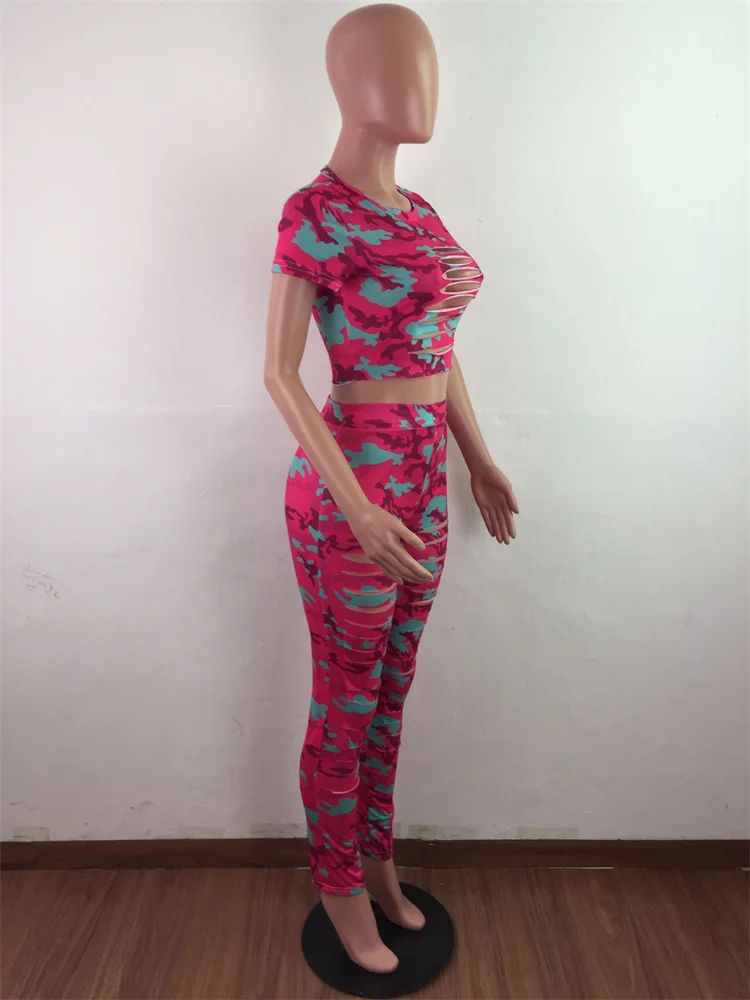 Wmstar Women Two Piece Set Summer Sexy Sport Fashion Casual Ripped Sweatshirt Sweat Camouflage Print Pant Sets Outfit Tracksuit
