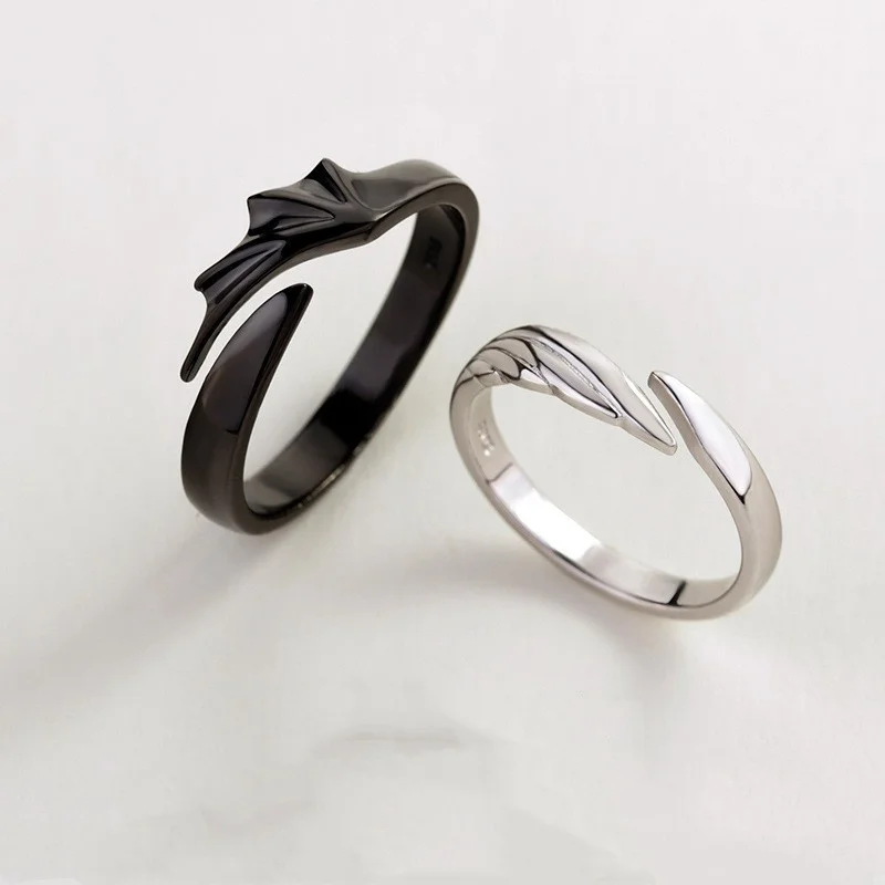 Korean Fashion Simple Couple Rings For Women Men Couple Goth Ring Punk Vintage Evil Wings Opening Finger Ring Jewelry Gifts