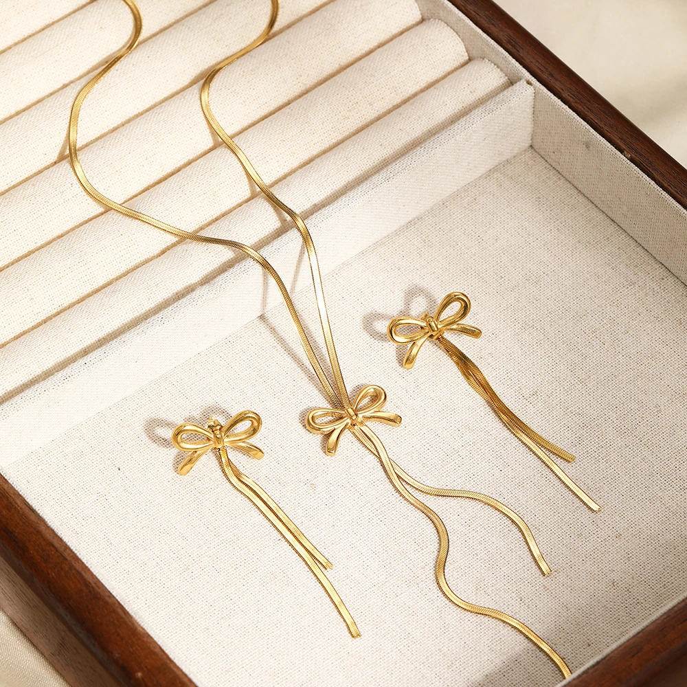 DGIDDK Stainless Steel Necklace French Atmosphere Delicate Bow Tassel Collar Chain For Women Jewelry Daily Match Birthday Gift