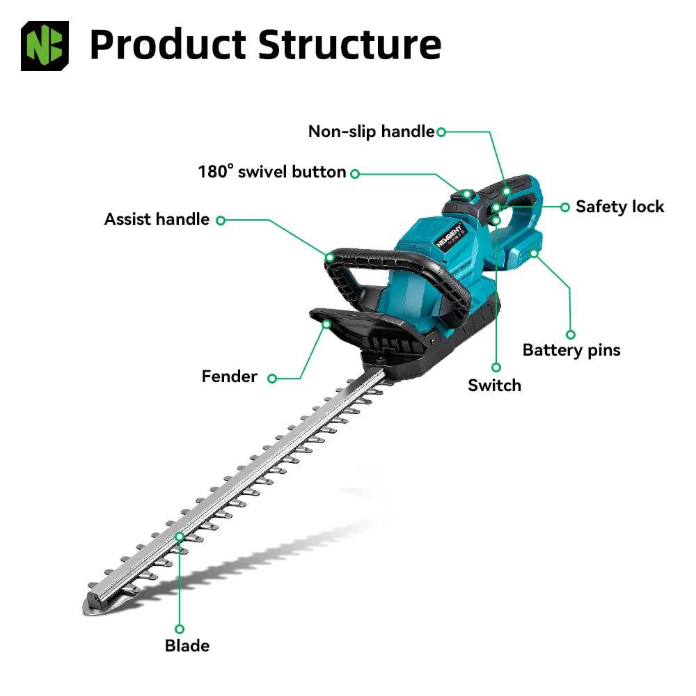 NEWBENY 530MM 3000RPM Electric Hedge Trimmer 180° Adjustment Angle Lawn Mower Hedge Pruner Garden Tool For Makita Battery Pin