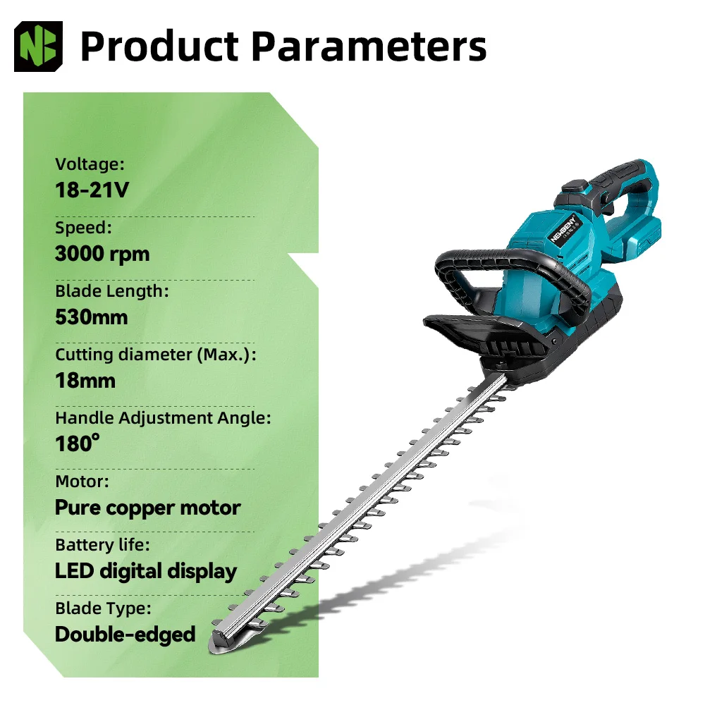 NEWBENY 530MM 3000RPM Electric Hedge Trimmer 180° Adjustment Angle Lawn Mower Hedge Pruner Garden Tool For Makita Battery Pin