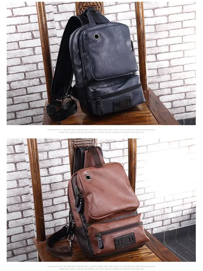 Vintage PU Leather Men Chest Backbag Casual Fashion Male Messenger Bags Back Pack Crossbody Bags Small Sling Single Shoulder Bag
