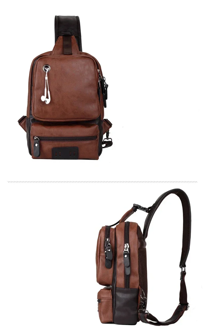 Vintage PU Leather Men Chest Backbag Casual Fashion Male Messenger Bags Back Pack Crossbody Bags Small Sling Single Shoulder Bag