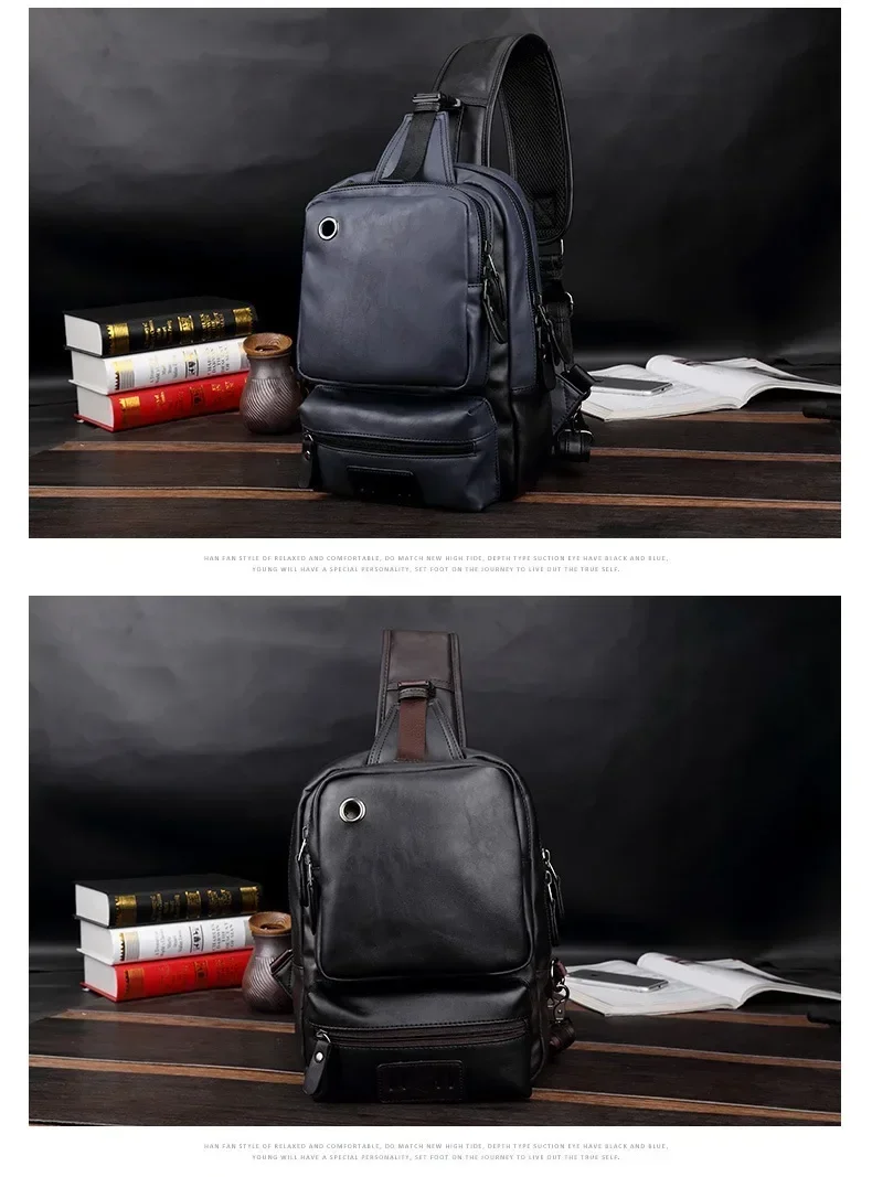 Vintage PU Leather Men Chest Backbag Casual Fashion Male Messenger Bags Back Pack Crossbody Bags Small Sling Single Shoulder Bag