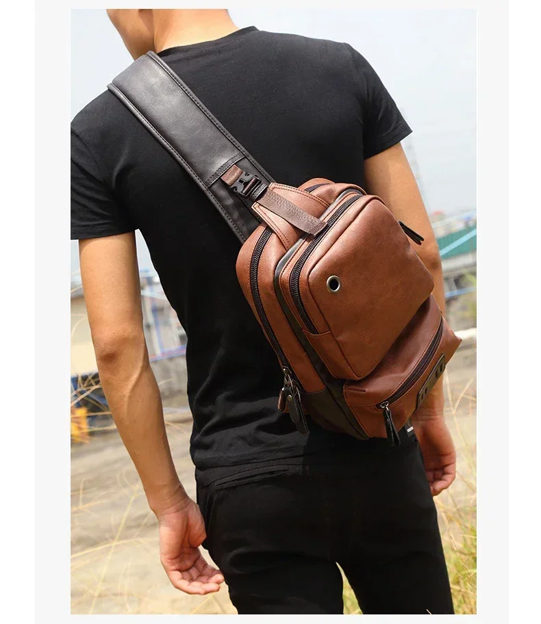 Vintage PU Leather Men Chest Backbag Casual Fashion Male Messenger Bags Back Pack Crossbody Bags Small Sling Single Shoulder Bag