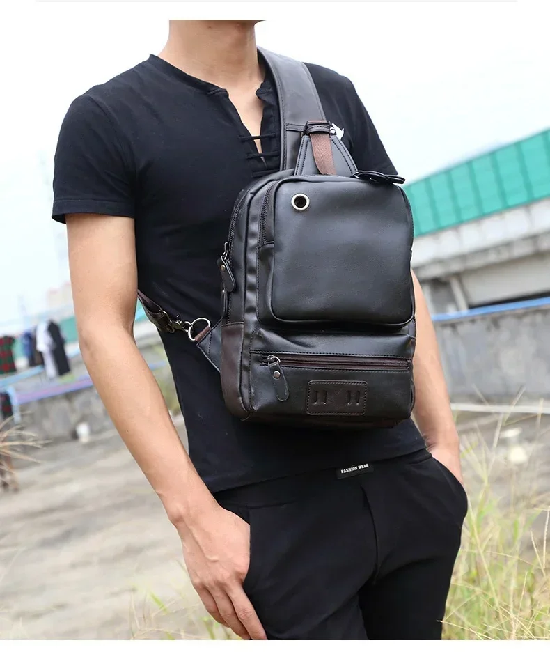 Vintage PU Leather Men Chest Backbag Casual Fashion Male Messenger Bags Back Pack Crossbody Bags Small Sling Single Shoulder Bag