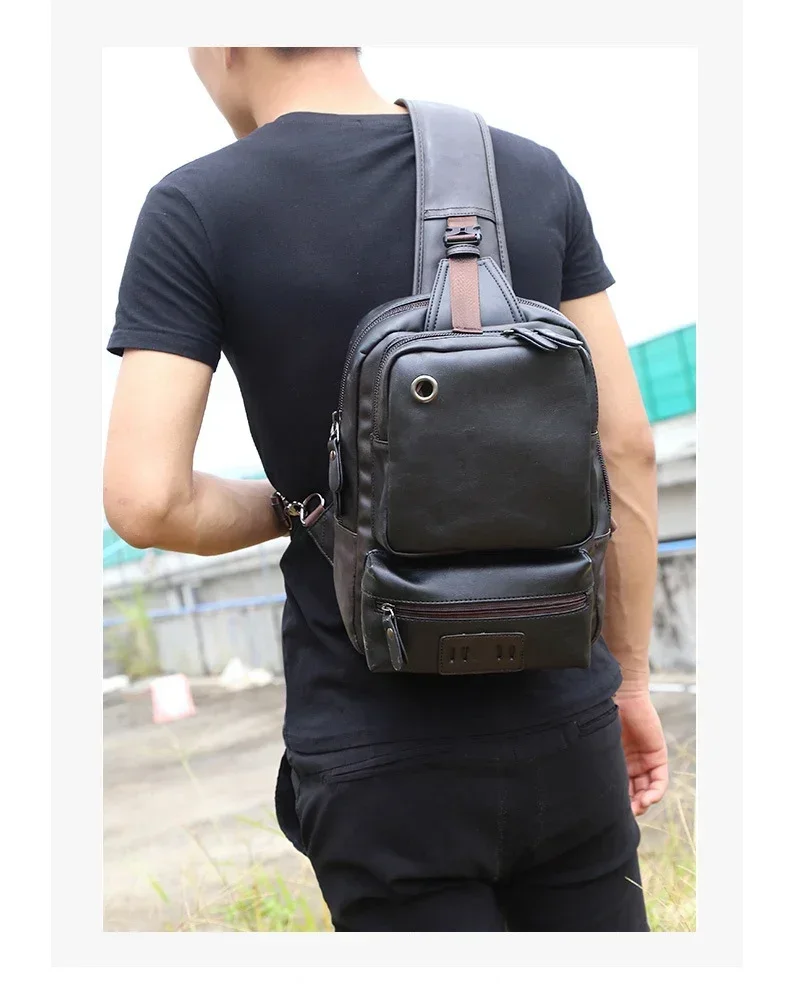 Vintage PU Leather Men Chest Backbag Casual Fashion Male Messenger Bags Back Pack Crossbody Bags Small Sling Single Shoulder Bag