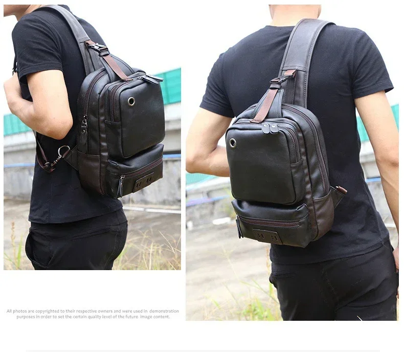 Vintage PU Leather Men Chest Backbag Casual Fashion Male Messenger Bags Back Pack Crossbody Bags Small Sling Single Shoulder Bag