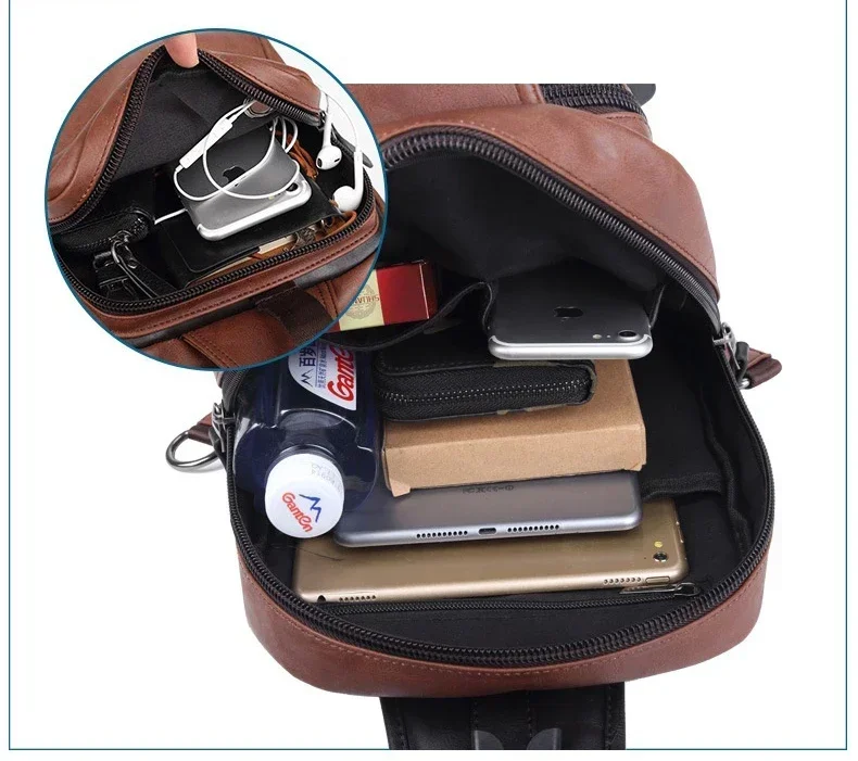 Vintage PU Leather Men Chest Backbag Casual Fashion Male Messenger Bags Back Pack Crossbody Bags Small Sling Single Shoulder Bag