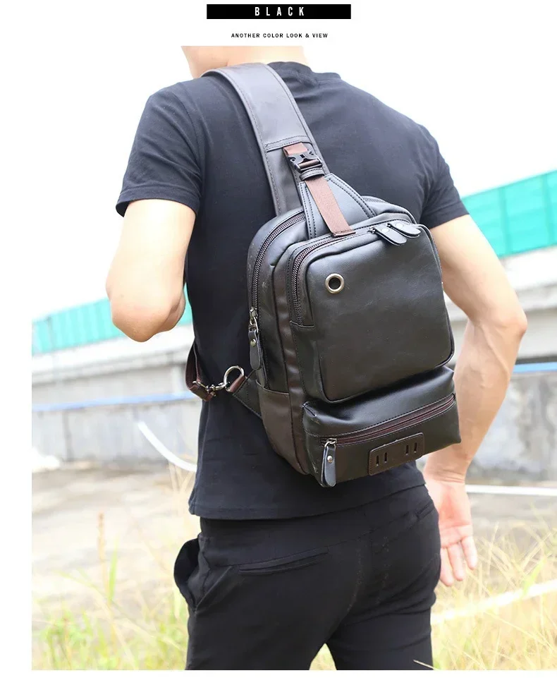 Vintage PU Leather Men Chest Backbag Casual Fashion Male Messenger Bags Back Pack Crossbody Bags Small Sling Single Shoulder Bag