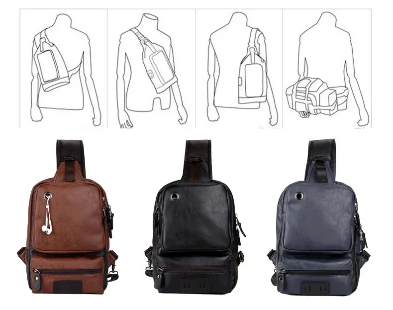 Vintage PU Leather Men Chest Backbag Casual Fashion Male Messenger Bags Back Pack Crossbody Bags Small Sling Single Shoulder Bag
