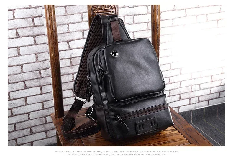 Vintage PU Leather Men Chest Backbag Casual Fashion Male Messenger Bags Back Pack Crossbody Bags Small Sling Single Shoulder Bag