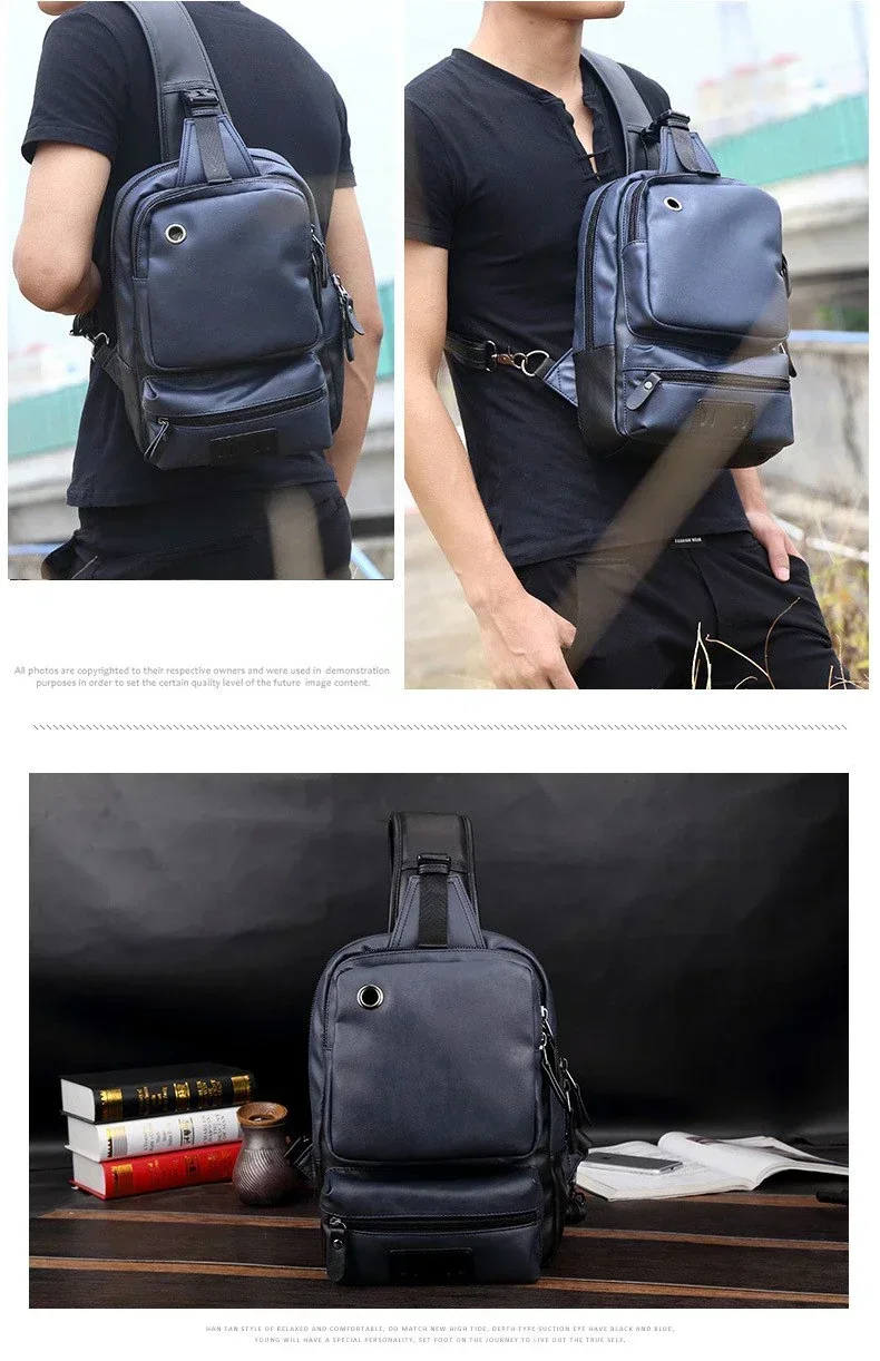 Vintage PU Leather Men Chest Backbag Casual Fashion Male Messenger Bags Back Pack Crossbody Bags Small Sling Single Shoulder Bag