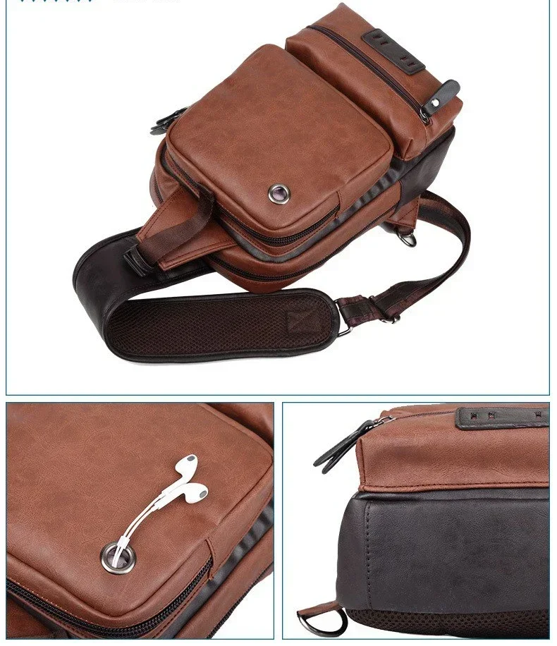 Vintage PU Leather Men Chest Backbag Casual Fashion Male Messenger Bags Back Pack Crossbody Bags Small Sling Single Shoulder Bag