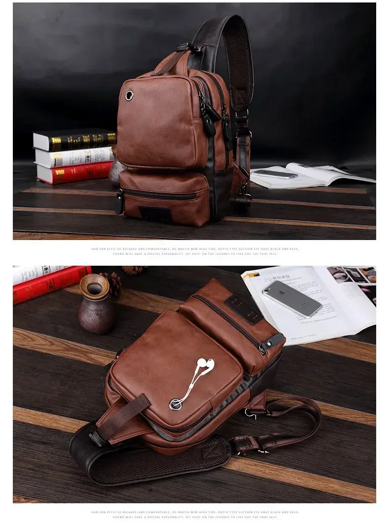 Vintage PU Leather Men Chest Backbag Casual Fashion Male Messenger Bags Back Pack Crossbody Bags Small Sling Single Shoulder Bag