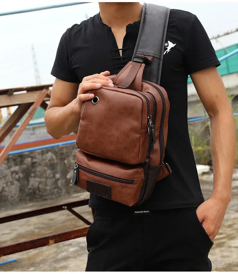 Vintage PU Leather Men Chest Backbag Casual Fashion Male Messenger Bags Back Pack Crossbody Bags Small Sling Single Shoulder Bag