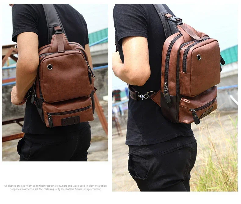 Vintage PU Leather Men Chest Backbag Casual Fashion Male Messenger Bags Back Pack Crossbody Bags Small Sling Single Shoulder Bag