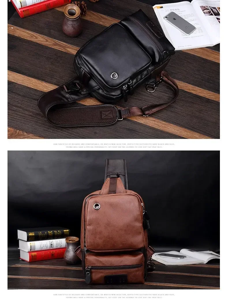 Vintage PU Leather Men Chest Backbag Casual Fashion Male Messenger Bags Back Pack Crossbody Bags Small Sling Single Shoulder Bag