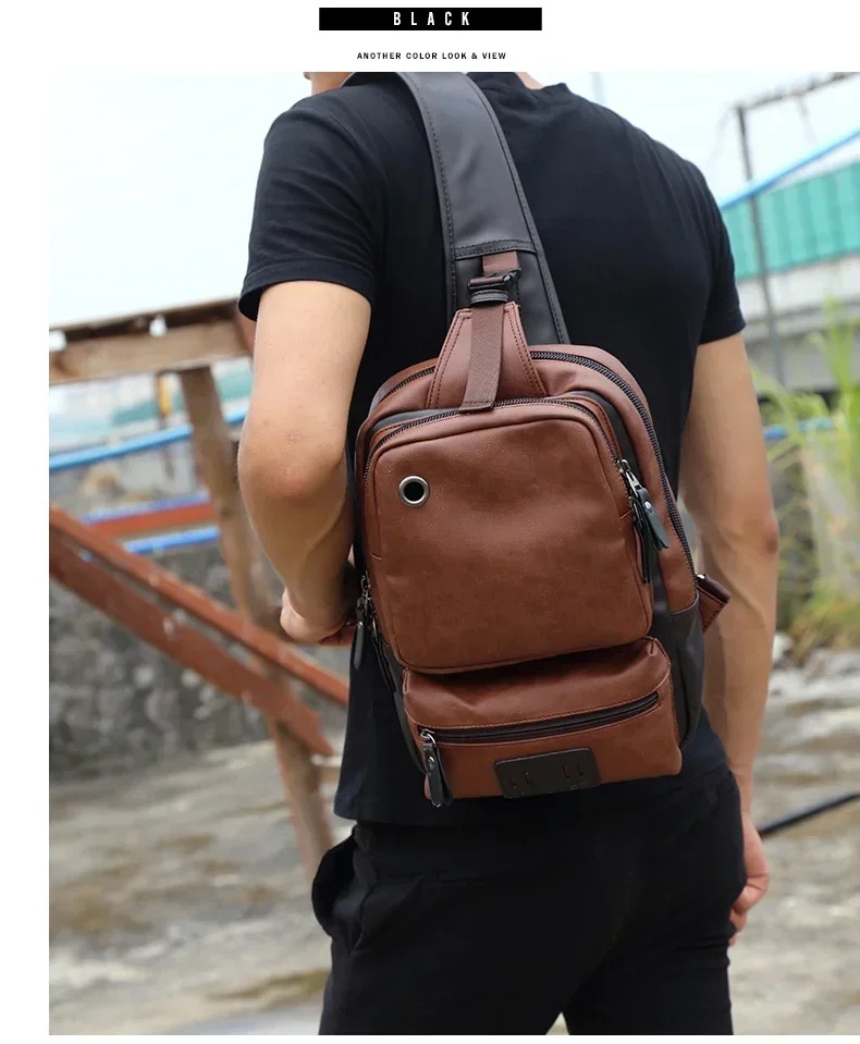 Vintage PU Leather Men Chest Backbag Casual Fashion Male Messenger Bags Back Pack Crossbody Bags Small Sling Single Shoulder Bag