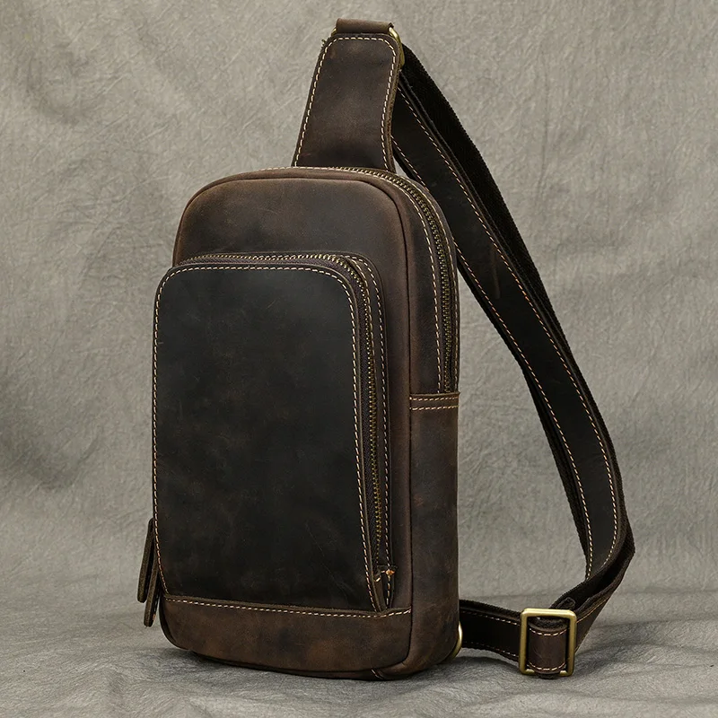 New Fashion Men's Chest Bag Single Shoulder Bagpack Bag Crossbody Chest Pack Vintage Style Male Travel Bags Genuine Leather Hot