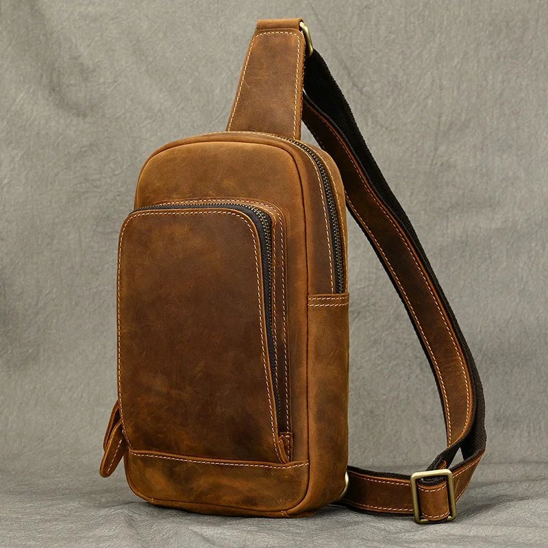 New Fashion Men's Chest Bag Single Shoulder Bagpack Bag Crossbody Chest Pack Vintage Style Male Travel Bags Genuine Leather Hot