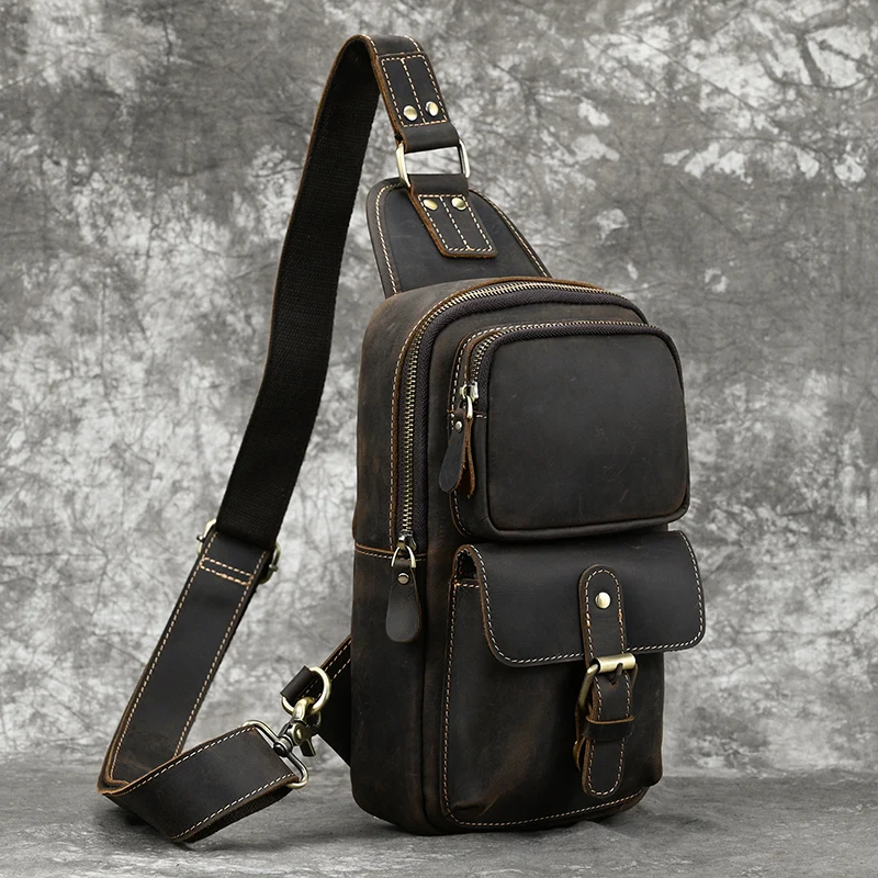 New Fashion Men's Chest Bag Single Shoulder Bagpack Bag Crossbody Chest Pack Vintage Style Male Travel Bags Genuine Leather Hot