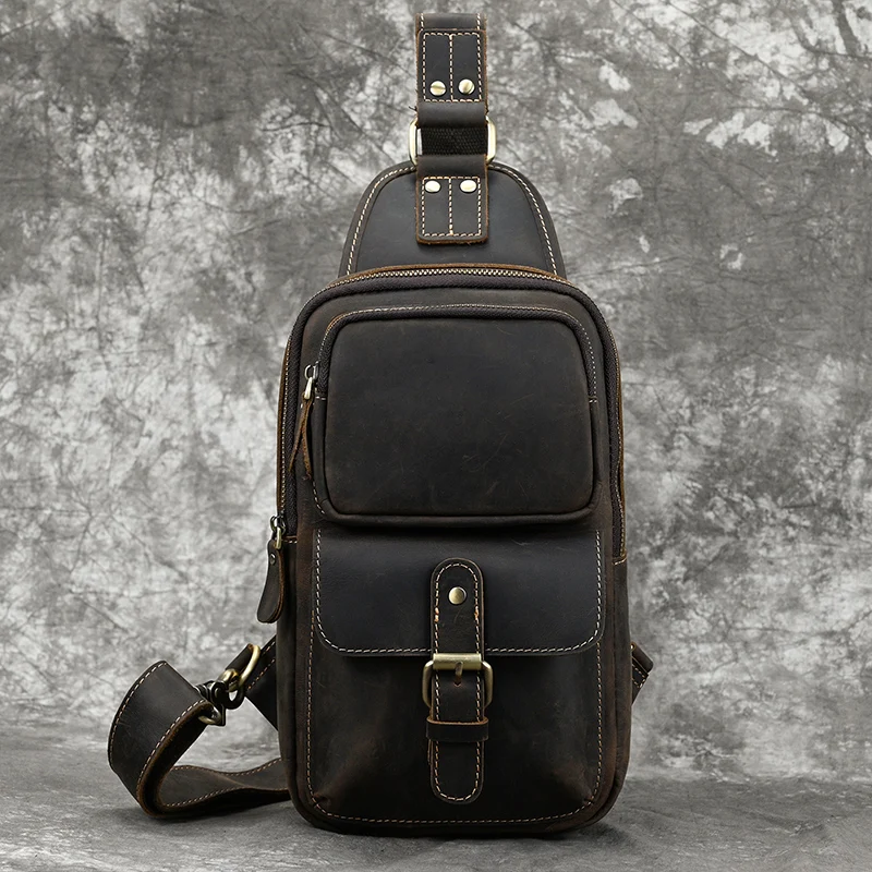 New Fashion Men's Chest Bag Single Shoulder Bagpack Bag Crossbody Chest Pack Vintage Style Male Travel Bags Genuine Leather Hot