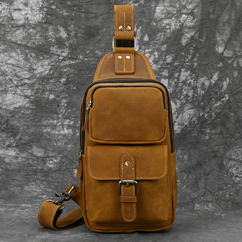 New Fashion Men's Chest Bag Single Shoulder Bagpack Bag Crossbody Chest Pack Vintage Style Male Travel Bags Genuine Leather Hot