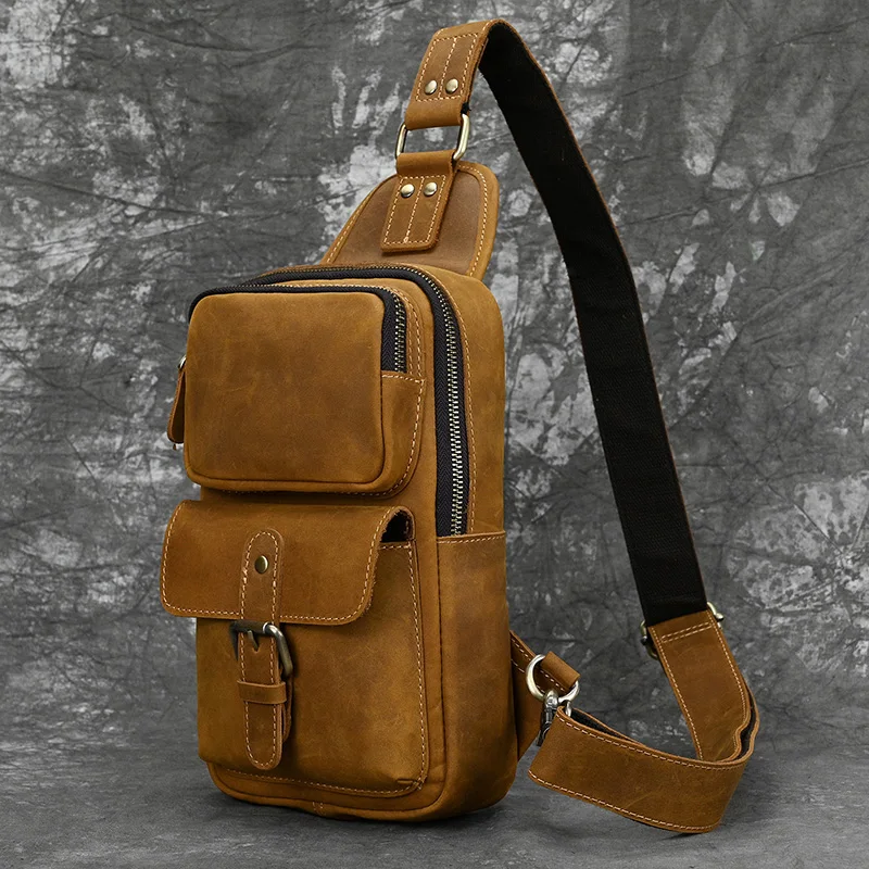 New Fashion Men's Chest Bag Single Shoulder Bagpack Bag Crossbody Chest Pack Vintage Style Male Travel Bags Genuine Leather Hot